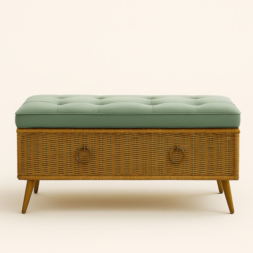 Banco de Almacenamiento Tapizado de Espuma PU Verde/Aspas de Mimbre Natural 100x40x45 cm