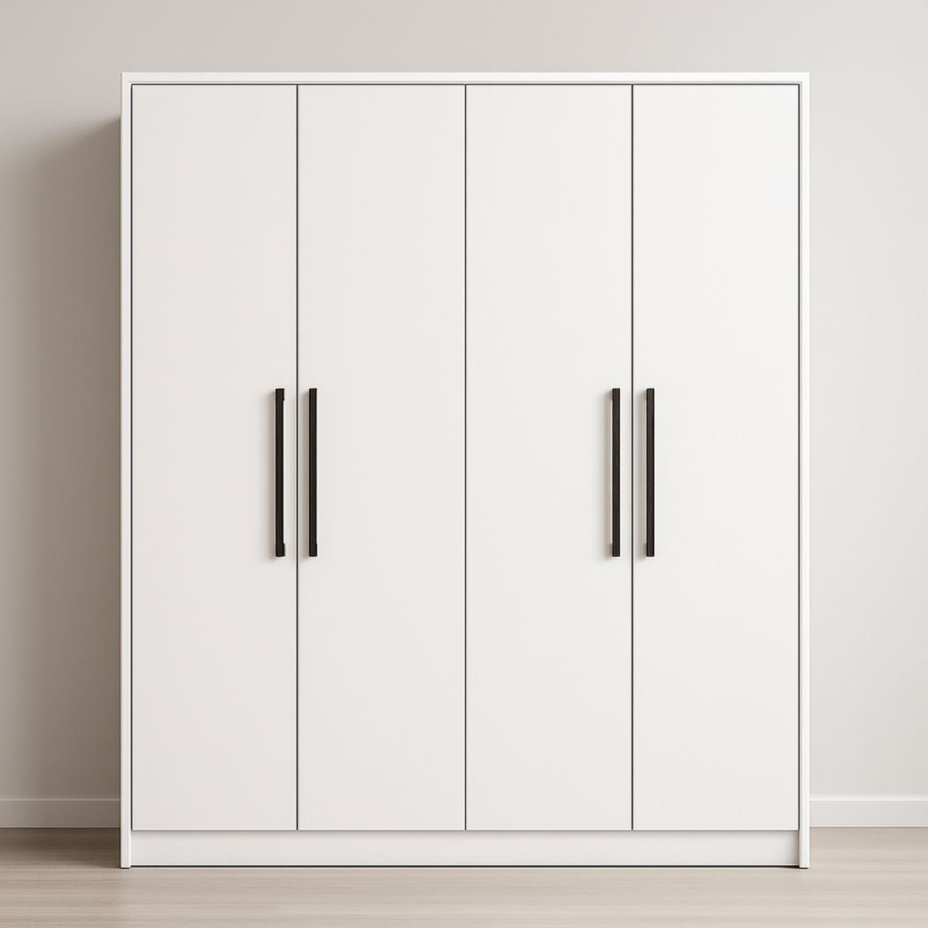 Armario de madera blanca, 4 puertas, tiradores de metal, 200x180x60 cm