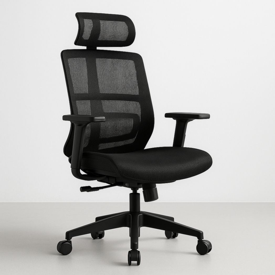 Silla de oficina con malla negra, estructura metálica, reposacabezas ajustable 120x60x60 cm