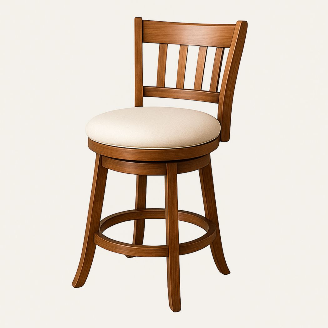 Taburete de madera maciza con asiento tapizado en tela beige 100x75x40 cm