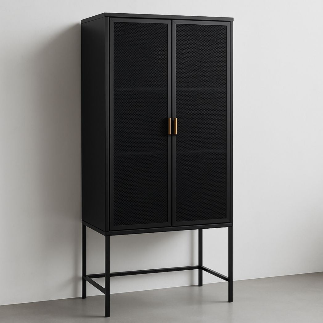 Armario Almacenamiento Metal Negro con Puertas de Rejilla y Tiradores de Bronce 90x40x180 cm