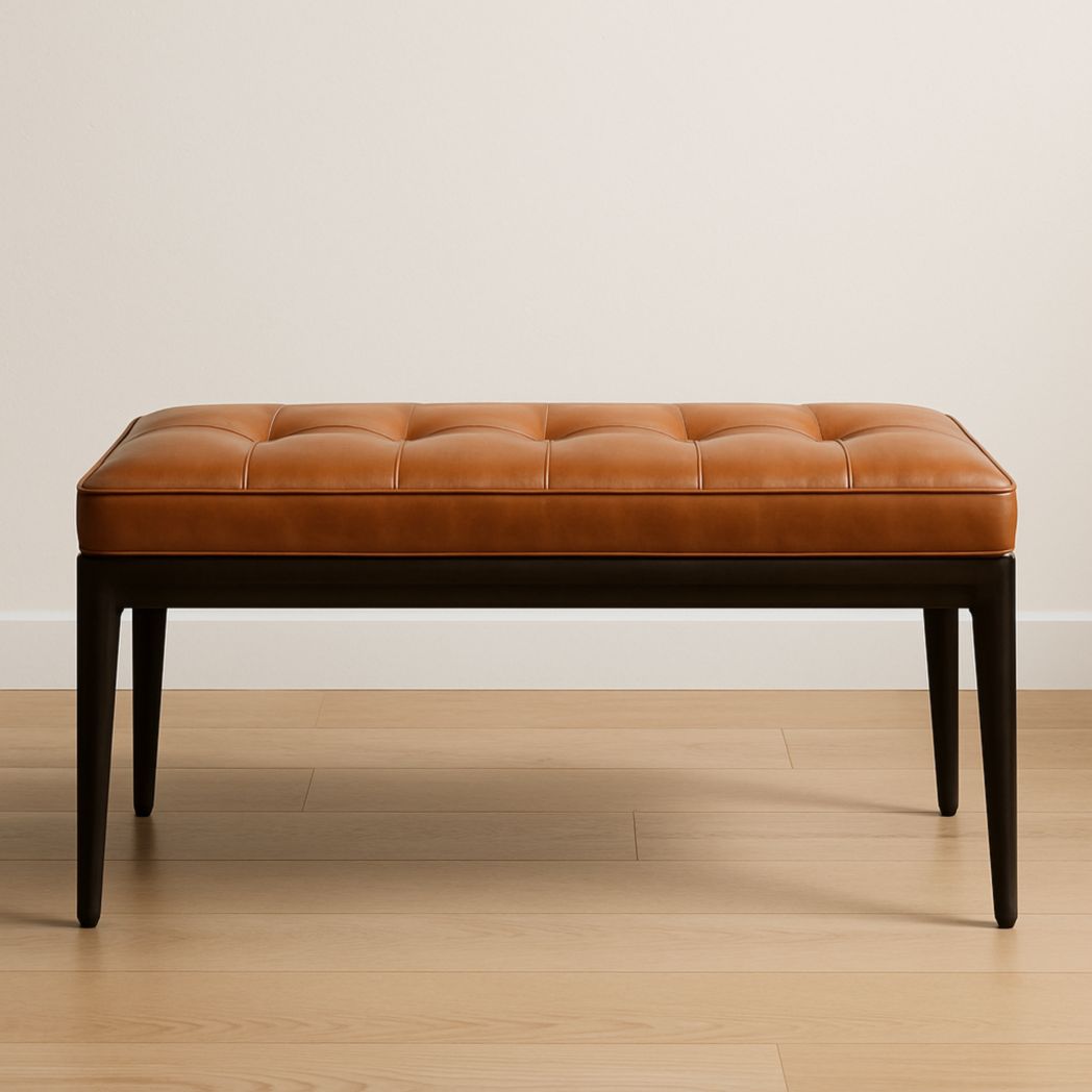 Banco rectangular tapizado en cuero sintético y madera maciza, color marrón, 120 cm x 45 cm x 40 cm