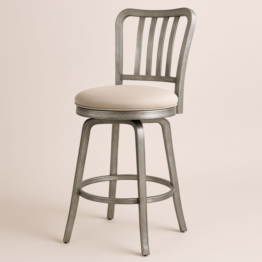 Taburete de bar con respaldo de acero y asiento de tela beige 105x45x50 cm