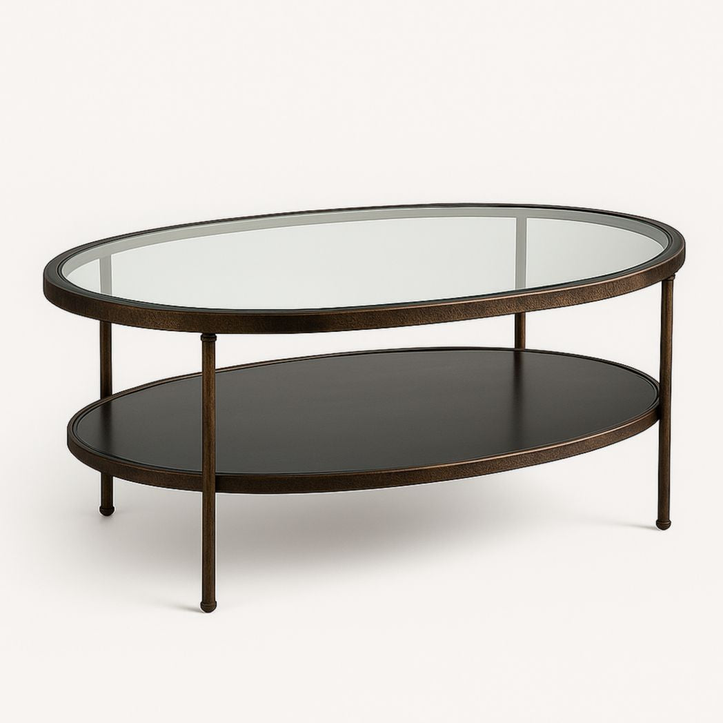 Mesa de centro ovalada de vidrio y metal con dos niveles 120x60x45 cm