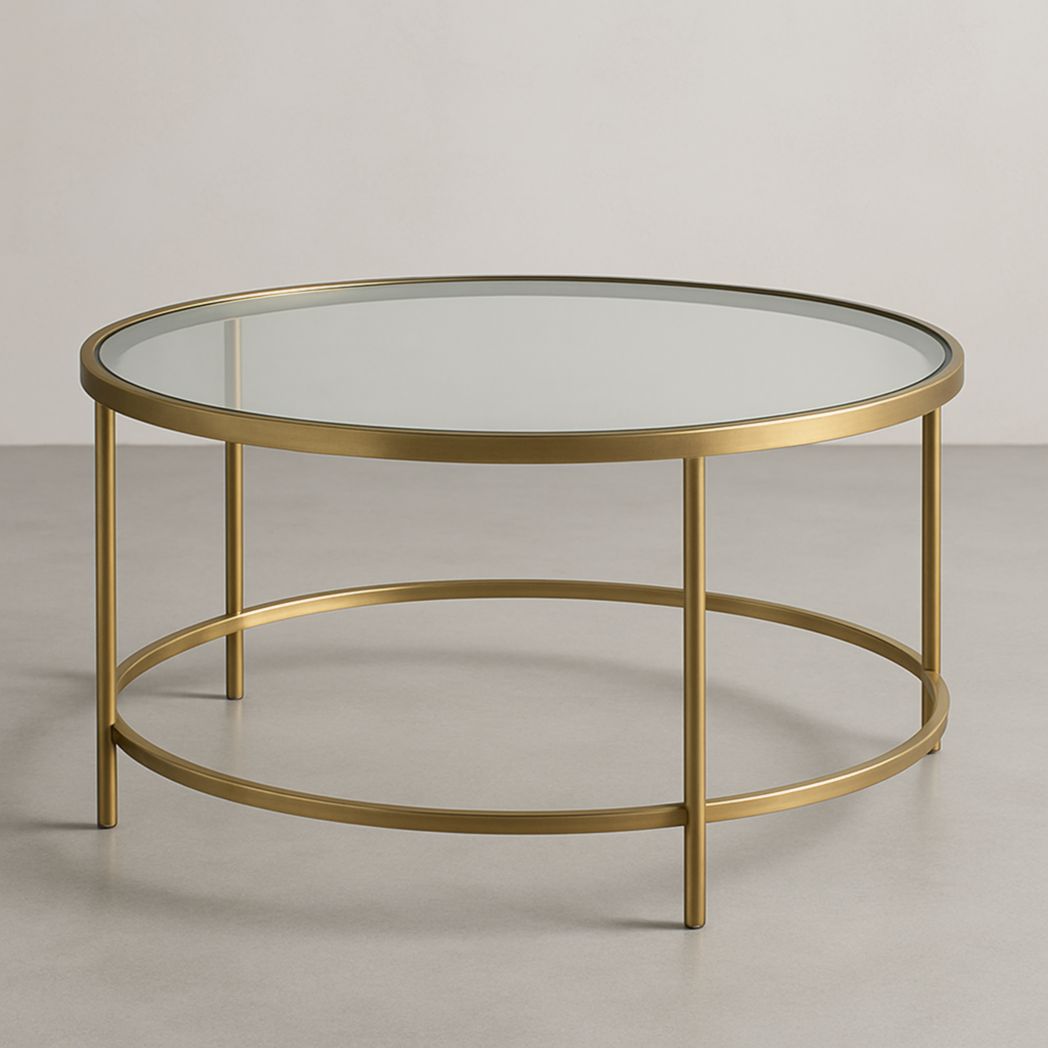 Mesa de Centro Redonda Vidrio Templado  Estructura Hierro Dorado 85x40 cm