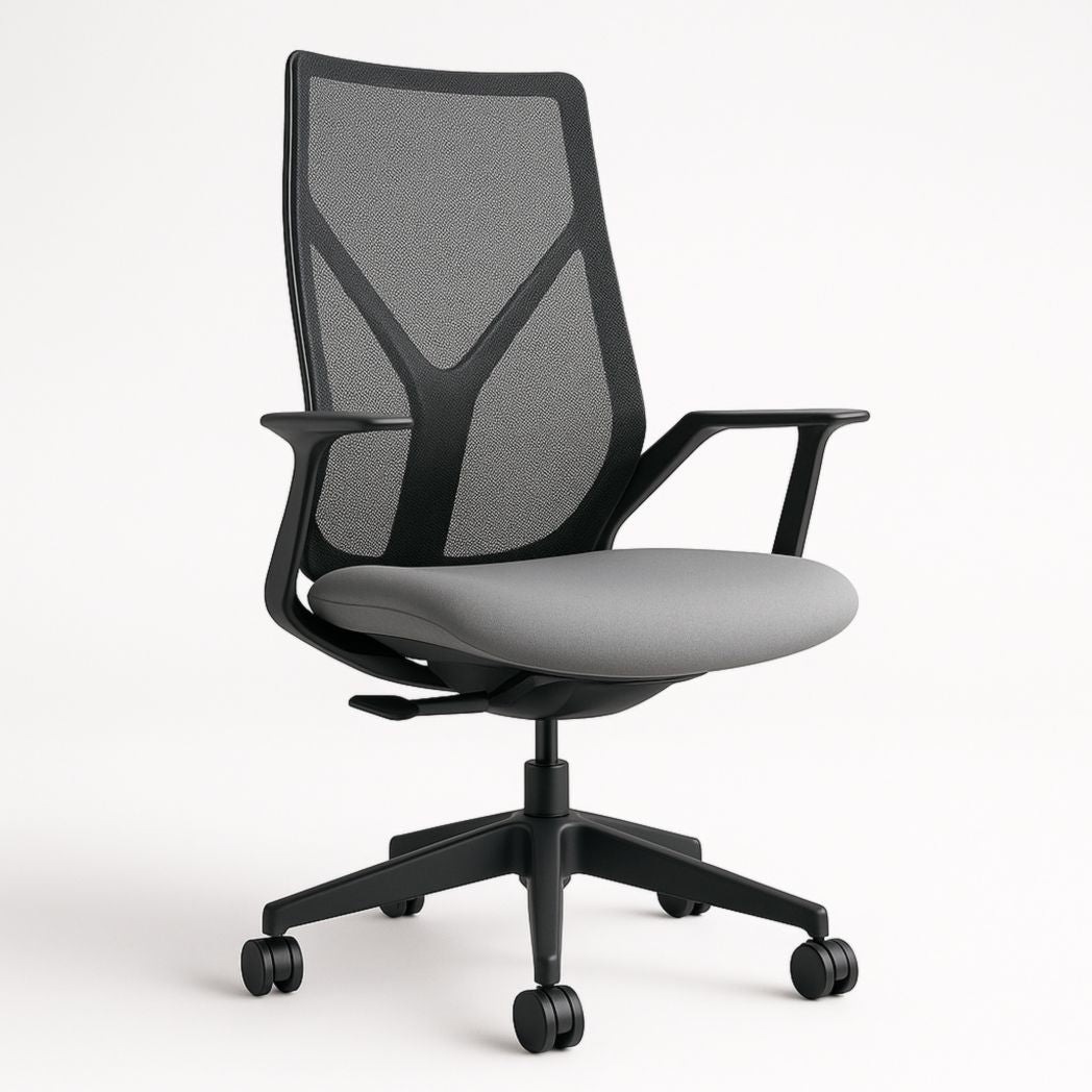 Silla de oficina con estructura de plástico, respaldo de malla ajustable y asiento de tela gris 120x50x50 cm