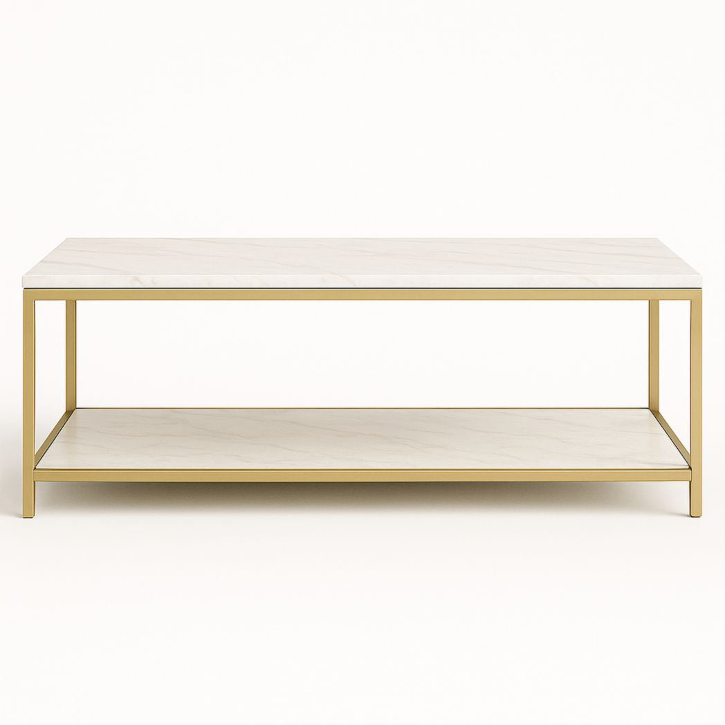 Mesa de Centro Rectangular de Mármol con Estructura Metálica Dorada 120x60x45 cm