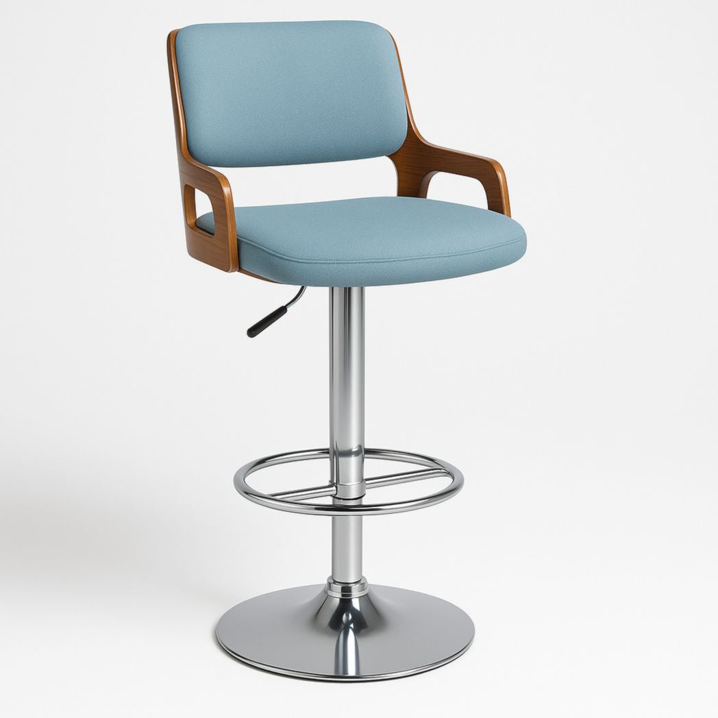 Taburete Ajustable de Tela con Respaldo y Reposapiés de Acero Inoxidable Madera Marrón/Azul