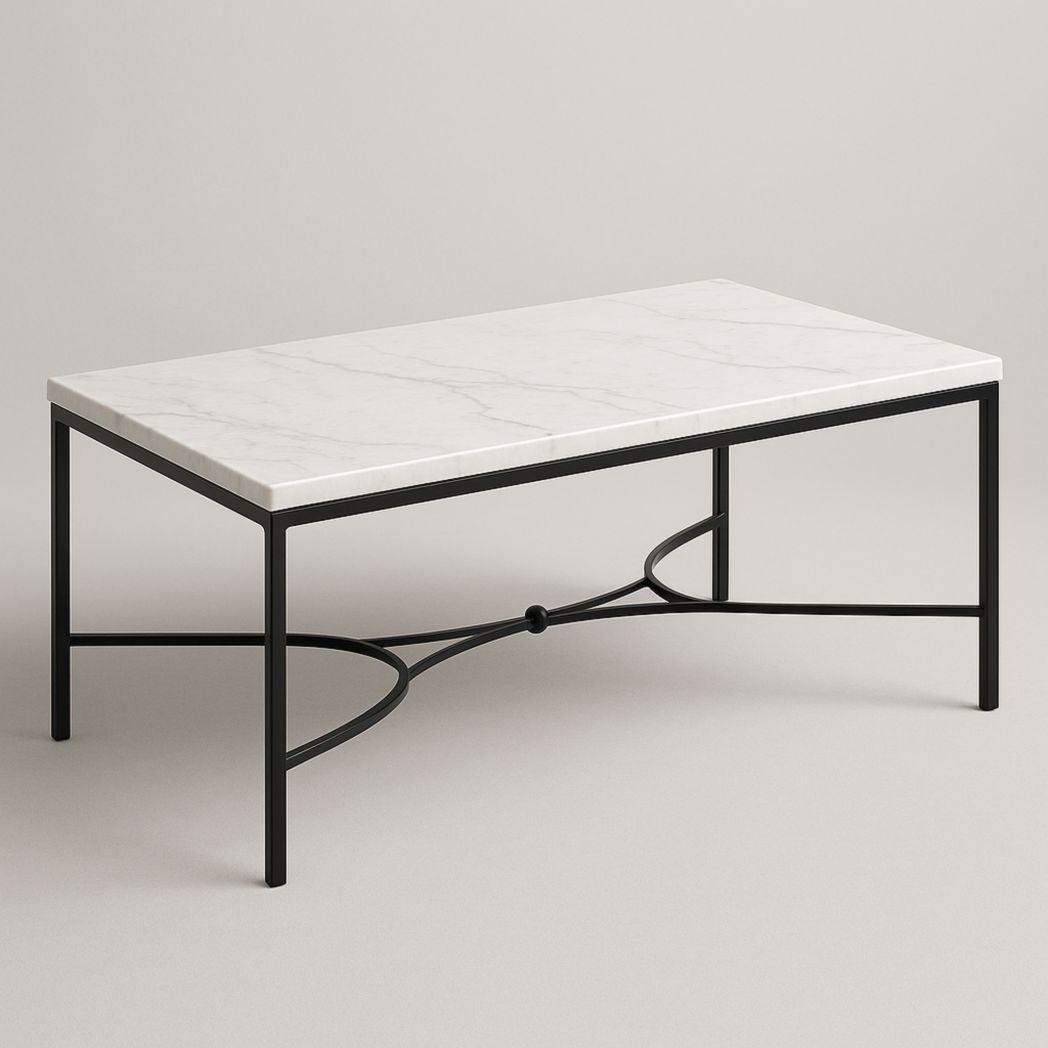 Mesa de Centro Rectangular de Mármol Blanco y Metal Negro 120cm x 60cm x 40cm