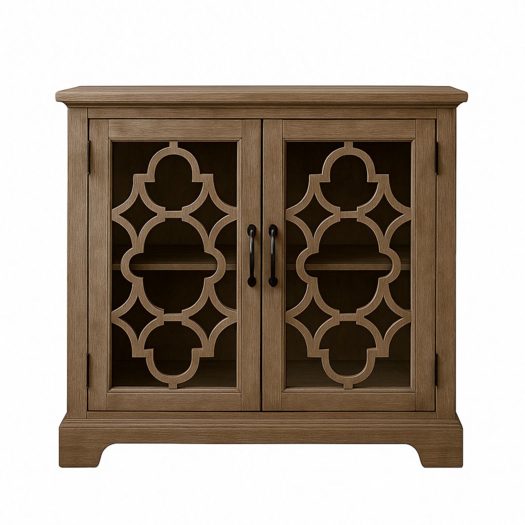 Armario de almacenamiento de madera marrón con puertas de cristal y diseño ornamental 80x40x85 cm
