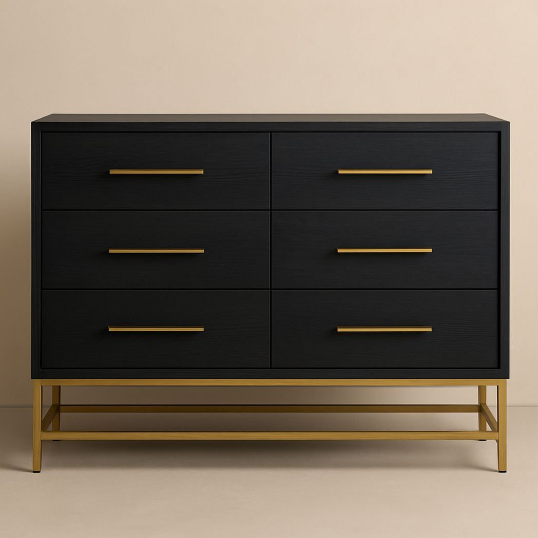 Cajonera de Madera de Ingeniería Negra con Base de Metal Dorado 6 Cajones 80x120x45 cm