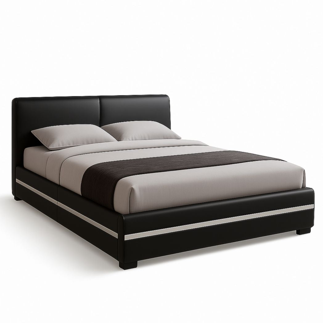 Cama con estructura esencial, cuero PU negro y detalles metálicos 200x160x100 cm