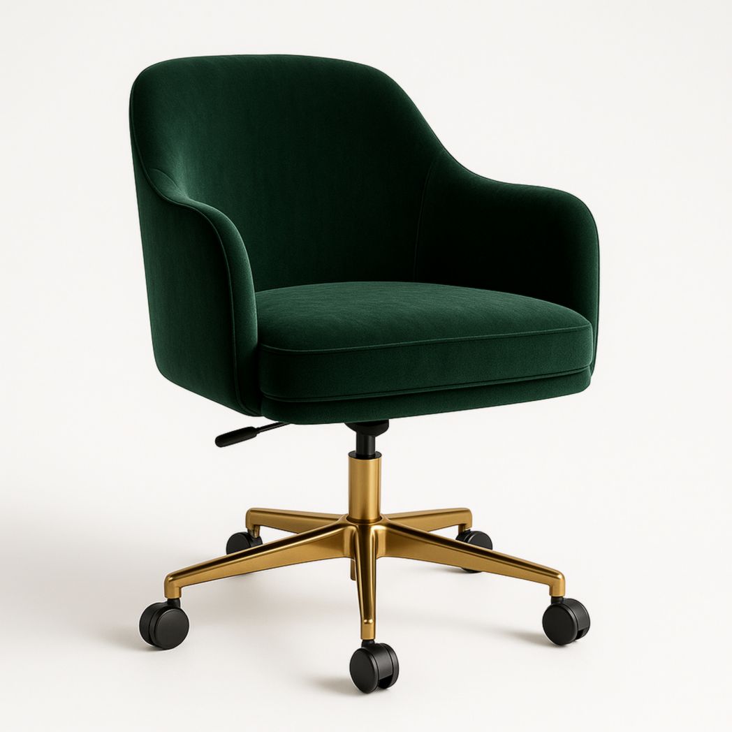 Silla de Oficina Giratoria en Terciopelo Verde Oscuro y Metal Dorado, Altura Ajustable con Ruedas, 60x60x80 cm