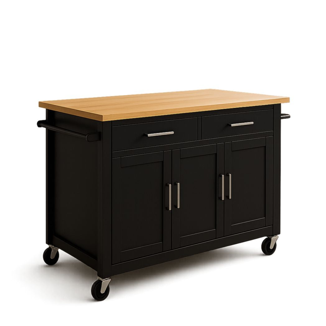 Carro de cocina de MDF y haya negro 120x45x90 cm