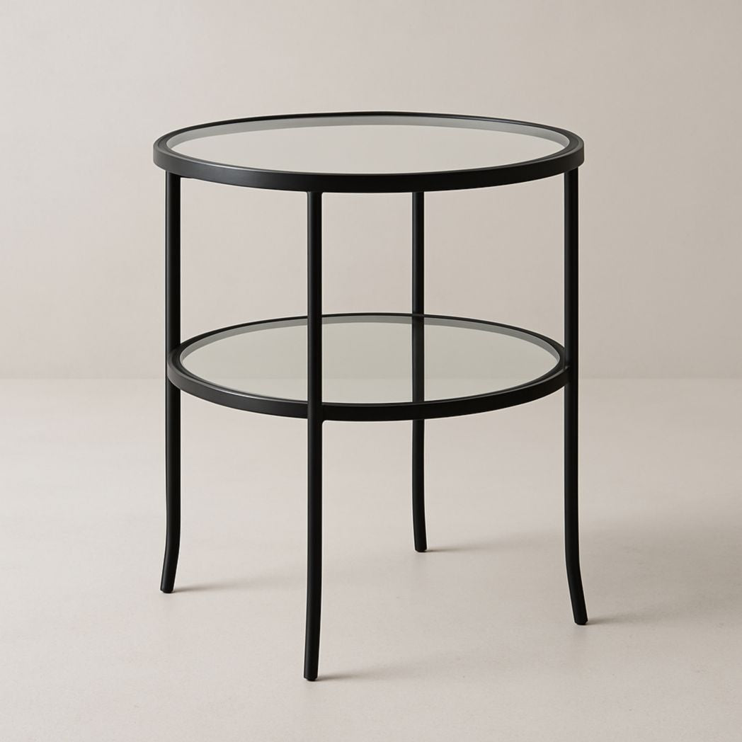 Mesa auxiliar redonda cristal templado estructura acero negro 50x60 cm