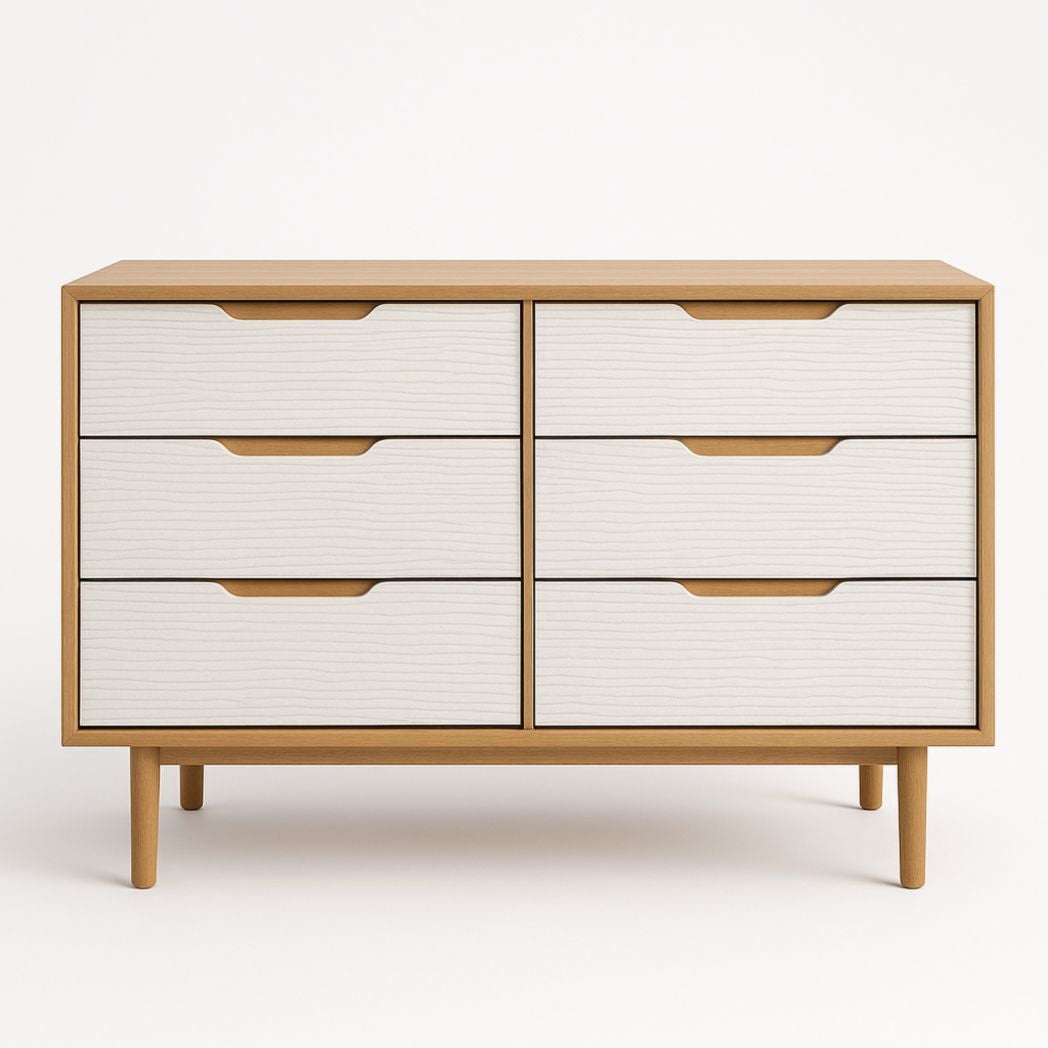 Cómoda de 6 cajones en MDF blanco con estructura y tiradores de madera maciza 120x40x80 cm