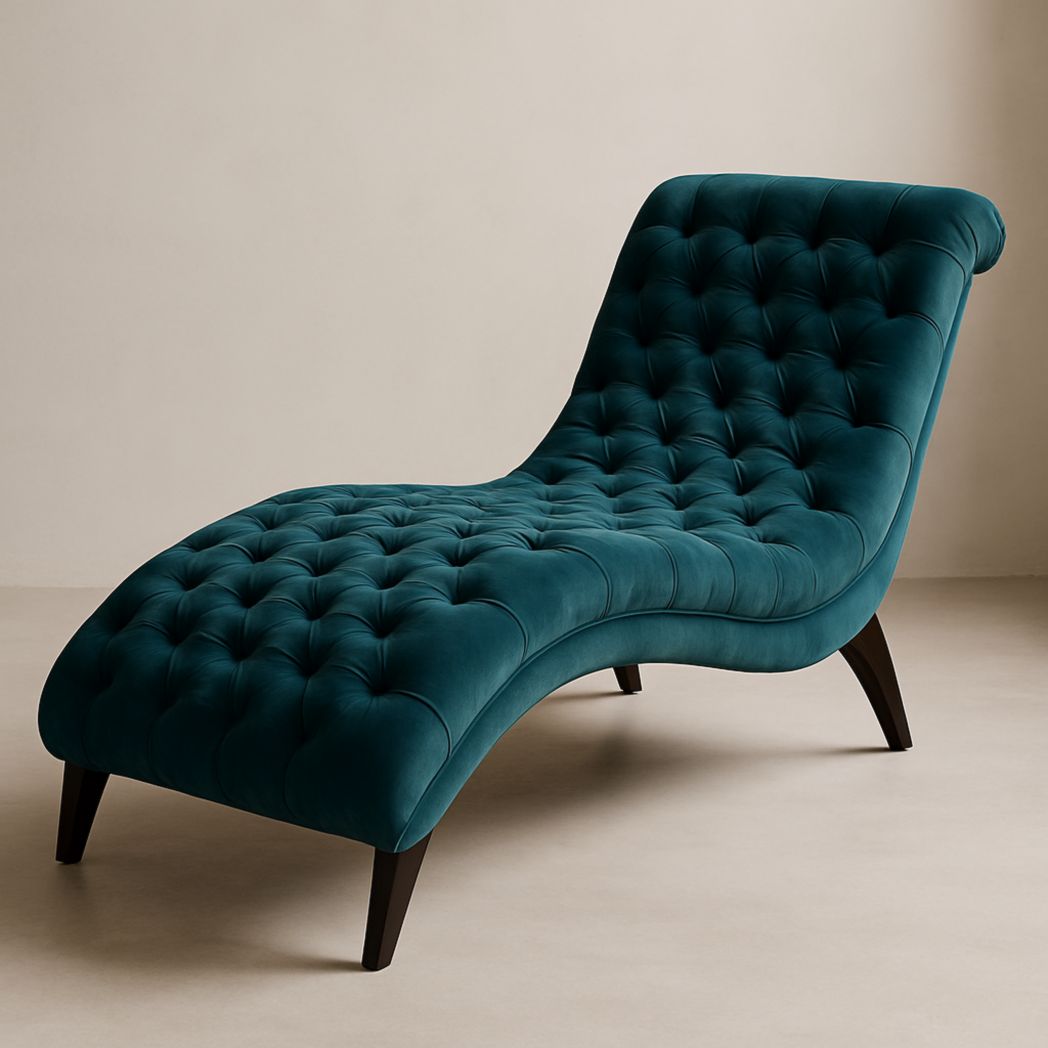 Chaise Longue Moderna Curvada Terciopelo Azul Pino 80x182x90 cm