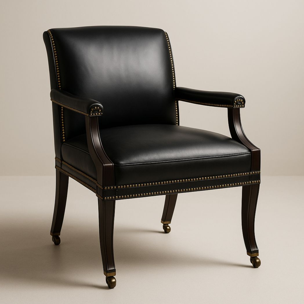 Silla de Oficina Tapizada en Piel Sintética Negra con Estructura de Madera y Ruedas 95x58x65 cm