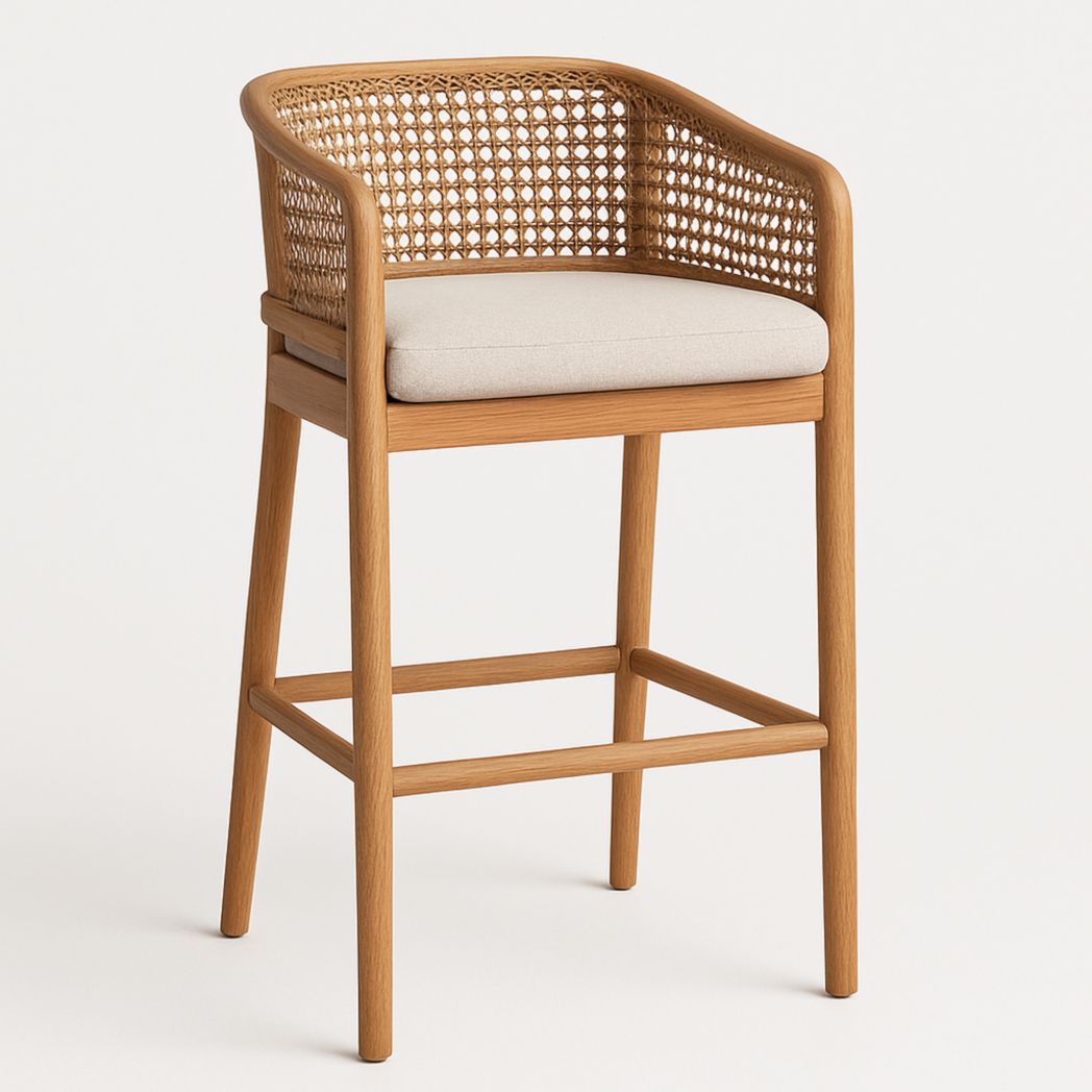 Silla Alta de Bar de Madera de Roble con Asiento de Algodón y Respaldo de Ratán, 107x50x50 cm