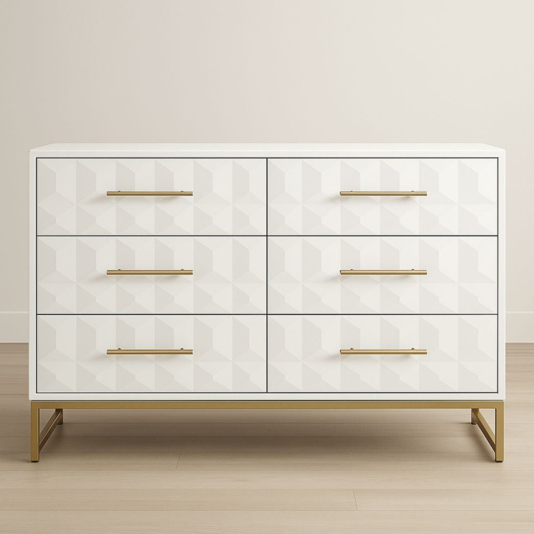 Cómoda de Madera Blanca con Patas de Metal Dorado 6 Cajones 120x45x85 cm