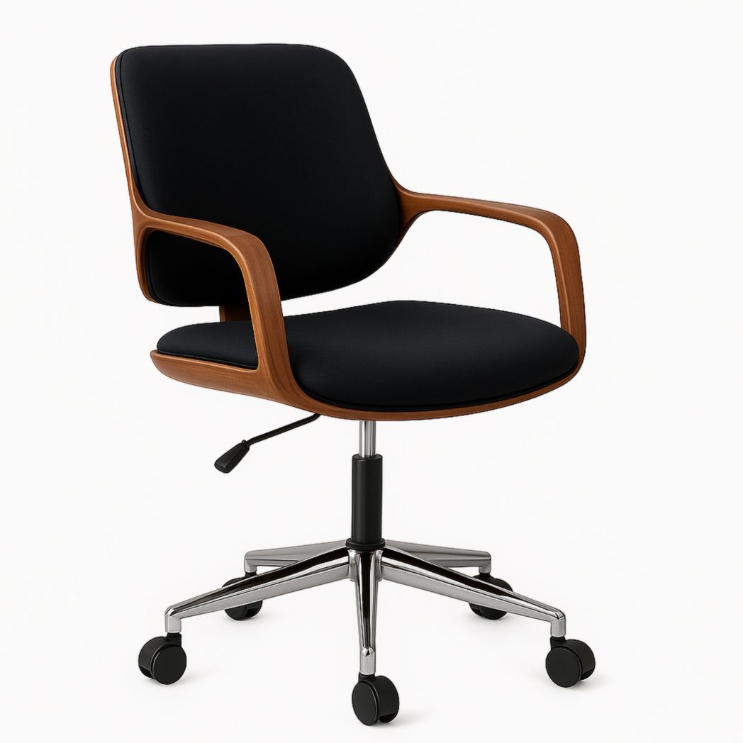 Silla de Oficina Ajustable de Tela de Poliéster con Base de Madera y Metal Cromado Negro 85x50x55 cm