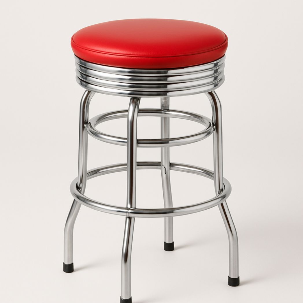 Taburete alto redondo de acero cromado y asiento de PU rojo 76x35 cm