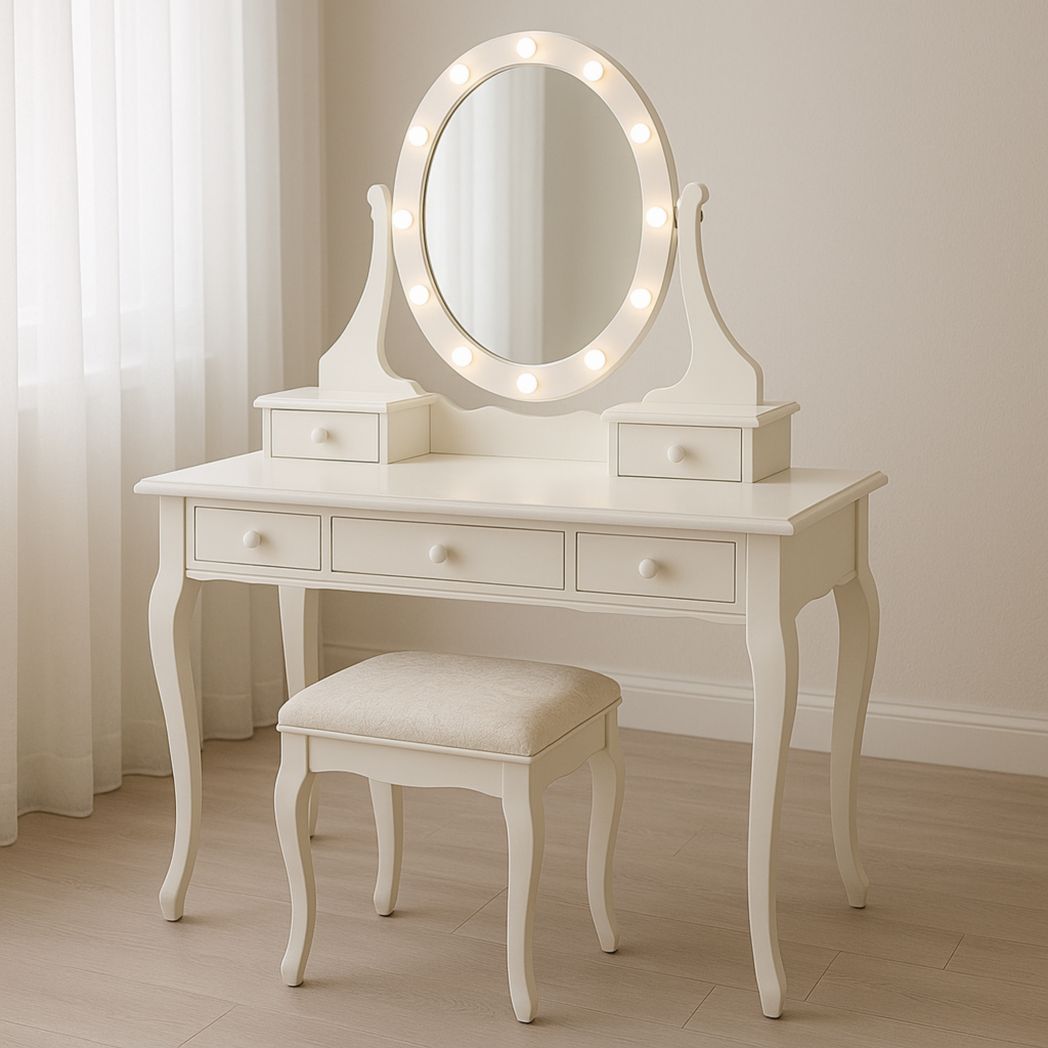 Conjunto de Tocador de Madera Blanca con Espejo Iluminado y Taburete 100x40x135 cm