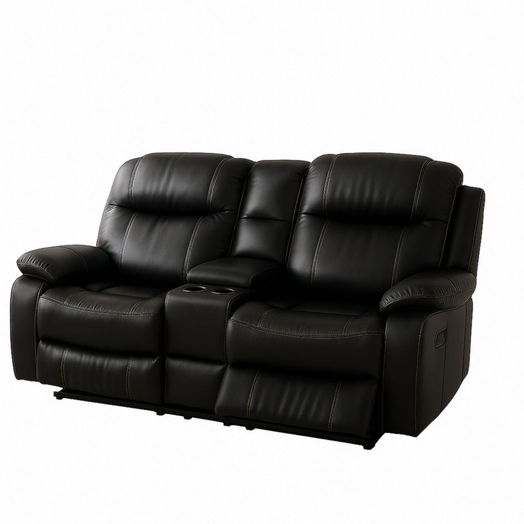 Sofá reclinable de 2 plazas en cuero sintético negro con portavasos 160x90x100 cm